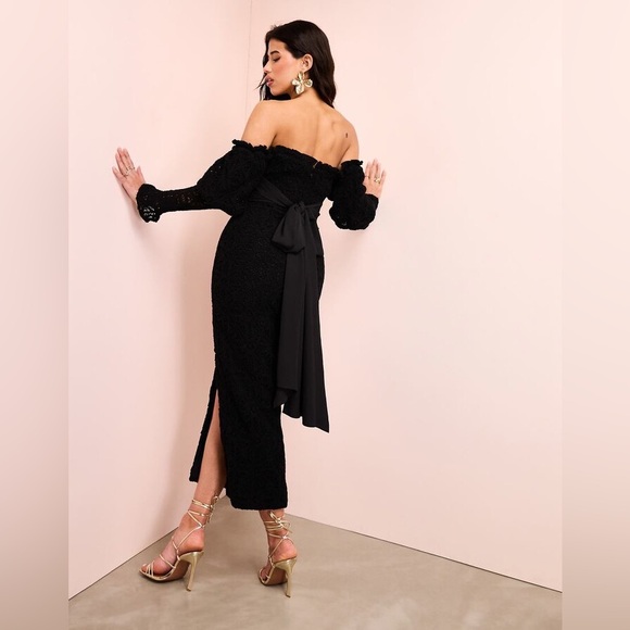ASOS NWT Black Romantic Victorian Off Shoulder Crochet Bow Cotton Midi Dress - Picture 2 of 4
